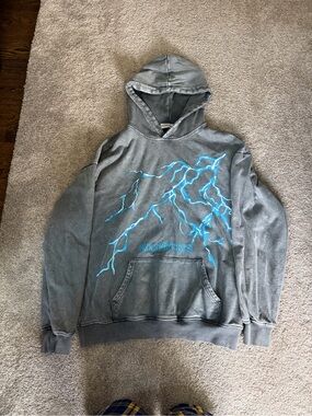 Gray Hoodie with Electric Blue Lightning Graphic